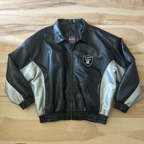 Oakland Raiders Vintage‎ 90s Leather Bomber Jacket Game Day Essex MFG Large - Picture 1 of 7